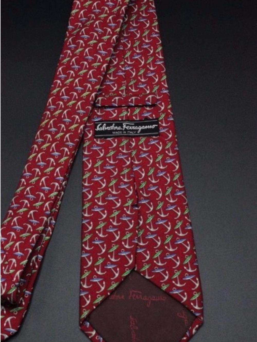 Salvatore Ferragamo Red Silk Tie with Multicolor Anchor print